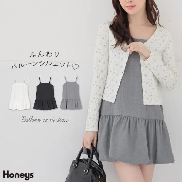 ノースリーブ ひざ丈 バルーンシルエット ストレッチ ツイル素材 無地 レディース SALE Honeys ハニーズ バルーンキャミワンピース