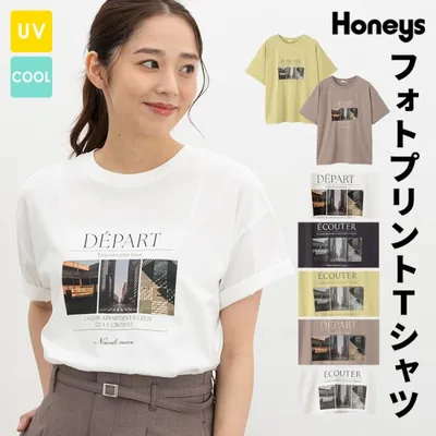 Tシャツ 半袖Tシャツ カットソー 半袖 ハニさら フォトプリントTシャツ UVカット 接触冷感 レディース SALE Honeys ハニーズ フォトプリントTシャツ