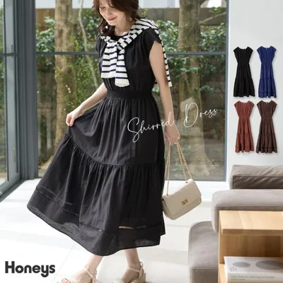ノースリーブ ロング丈 無地 レーヨン混 麻混 裏地付き はしごレース フェミニン レディース SALE Honeys ハニーズ シャーリングワンピース