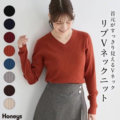 トップス ニット セーター 長袖 大きいサイズ Vネック レーヨン混 リブ 無地 シンプル ベーシック レディース Honeys ハニーズ リブVネックニット