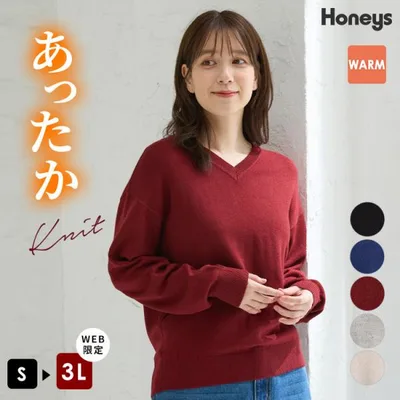トップス ニット セーター 長袖 ハニぽか あったか 大きいサイズ ウォッシャブル ダイナホット Vネック レディース Honeys ハニーズ あったかVネックニット