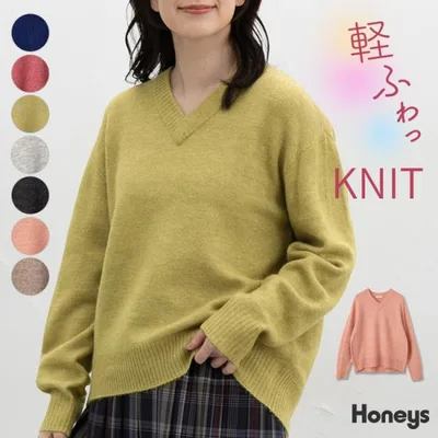 トップス ニット セーター 長袖 軽ふわっニット 再生ポリエステル Vネック ウール混 無地 カジュアル 冬 レディース Honeys ハニーズ 軽ふわっVニット