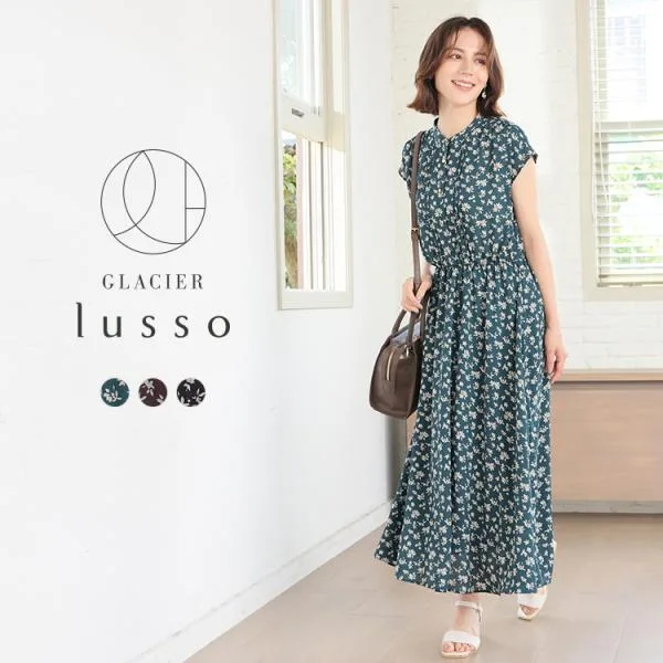 ノースリーブ ロング丈 ギャザー フレンチ袖 ウエストゴム ジョーゼット素材 レディース SALE Honeys ハニーズ 花柄ピンタックワンピース