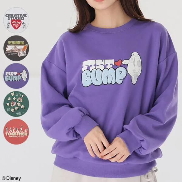 トップス スウェット 長袖 Disney ディズニー キャラクター 再生ポリエステル ゆったり 綿混 裏毛 レディース Honeys ハニーズ ディズニー/ゆるトップス