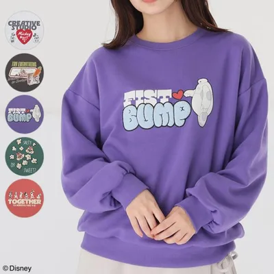 トップス スウェット 長袖 Disney ディズニー キャラクター 再生ポリエステル ゆったり 綿混 裏毛 レディース Honeys ハニーズ ディズニー/ゆるトップス
