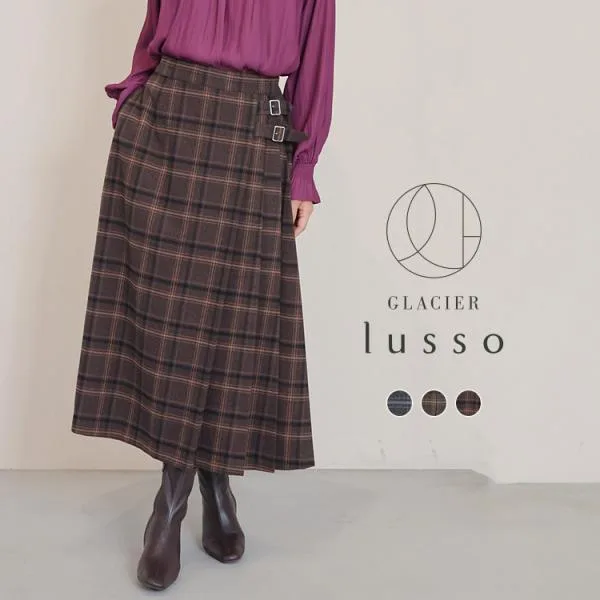 ボトムス スカート ロングスカート ロング丈 ラップ風スカート チェック柄 プリーツ フレア ストレッチ レディース Honeys ハニーズ チェックラップ風スカート