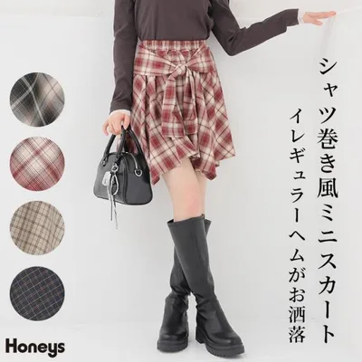 ボトムス スカート ミニスカート ミニ丈 チェック柄 イレギュラーヘム ストレッチ ツイル素材 レディース Honeys ハニーズ シャツ巻き風ミニスカート