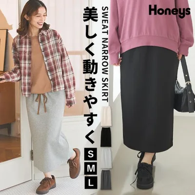 ボトムス スカート ロングスカート ロング丈 ナロースカート 綿混 スウェット ウエストゴム ポケット レディース Honeys ハニーズ スウェットナロースカート