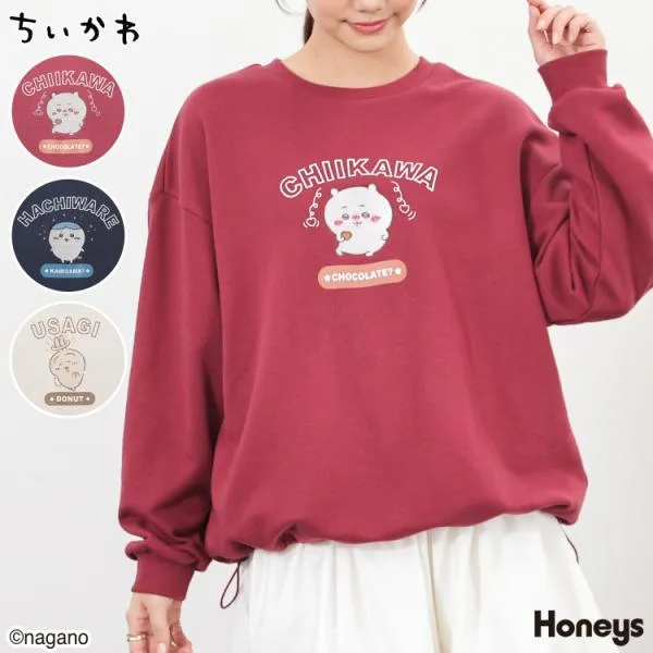 トップス トレーナー スウェット 長袖 ちいかわ キャラクター ゆったり ドロスト 綿混 裏毛 刺繍 レディース Honeys ハニーズ ちいかわ/ゆるトレーナー