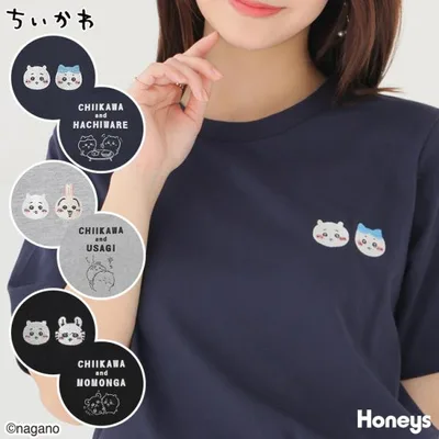 トップス Tシャツ 半袖Tシャツ カットソー 半袖 ちいかわ キャラクター 刺繍 プリント 綿混 クルーネック レディース Honeys ハニーズ ちいかわ/Tシャツ