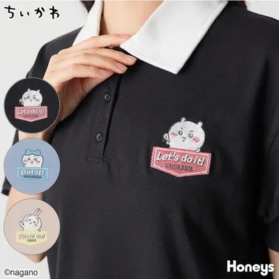 トップス カットソー 半袖 ちいかわ キャラクター 衿付き 刺繍 綿混 ガーリー 夏 黒 レディース Honeys ハニーズ ちいかわ/衿付トップス