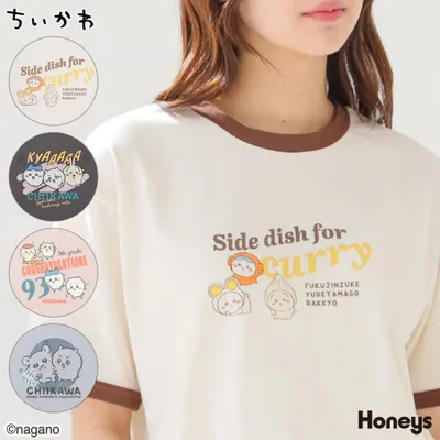 トップス Tシャツ 半袖Tシャツ カットソー 半袖 ちいかわ キャラクター プリント 綿混 クルーネック レディース Honeys ハニーズ ちいかわ/Tシャツ