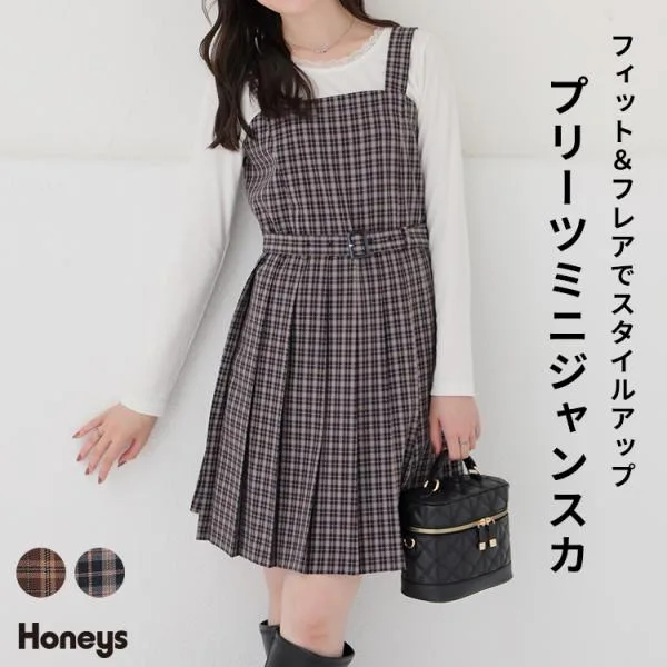 ワンピース ジャンスカ ノースリーブ ミニ丈 チェック柄 ストレッチ ツイル素材 裏地付き プリーツ フレア レディース Honeys ハニーズ プリーツミニジャンスカ