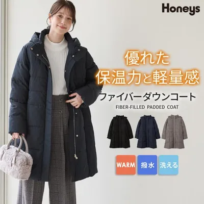 アウター コート ロングコート はっ水 ファイバーダウン 大きいサイズ 撥水加工 再生ポリエステル レディース Honeys ハニーズ ファイバーダウンコート