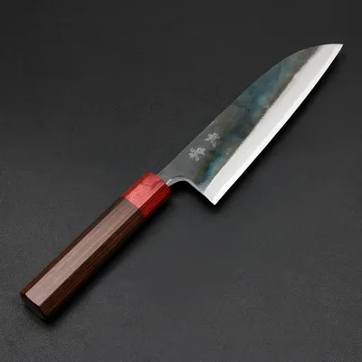 元兼 三徳包丁 170mm 両刃 青紙スーパー 割込み 黒打ち仕上げ 赤口輪紫檀八角柄 土佐打ち刃物 極上品