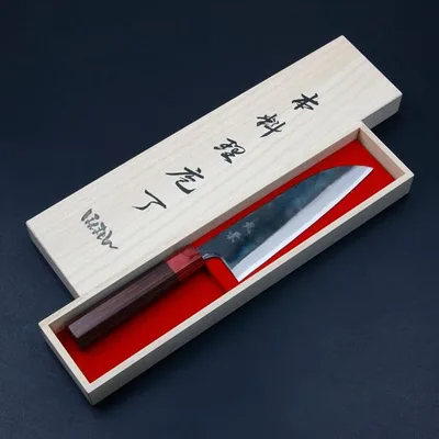 元兼 三徳包丁 170mm 両刃 青紙スーパー 割込み 黒打ち仕上げ 赤口輪紫檀八角柄 木箱入り 土佐打ち刃物 極上品