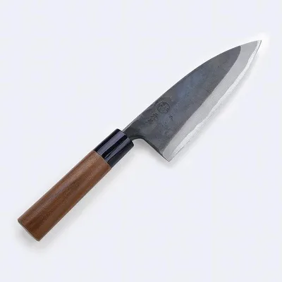 出刃包丁 両刃 150mm 青紙1号 割込み 黒打ち仕上げ クルミ柄 元兼 日本製