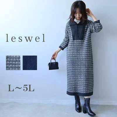 L〜5L 襟付き ニットワンピース 大きいサイズ レディース 可愛い ロング丈 チェック柄 千鳥格子leswel レスウェル ミントブリーズ返品交換不可 wc20fa2606