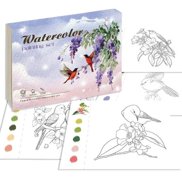 水彩塗り絵ブック 水彩画セット 鳥と花 ぬりえ カラーリングブック 鳥 花 イラスト 大人 趣味 DIY 960502
