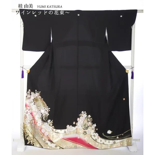 桂由美 特選YUMI KATSURA 8AA217 留袖 レンタル 留袖レンタル 着物レンタル 黒留袖 黒留袖レンタル 江戸妻 ワインレッドの花束 母 150cm〜170cm位まで 爆買