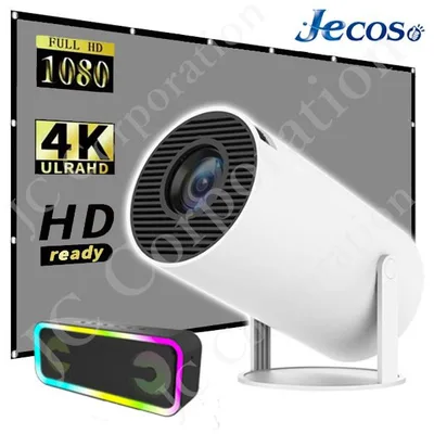Jecos プロジェクター fire502 + スピーカー A8 + スクリーン セット 家庭用 軽量 小型 4k対応 fullHD 天井投影 スタンド ラッピング対応