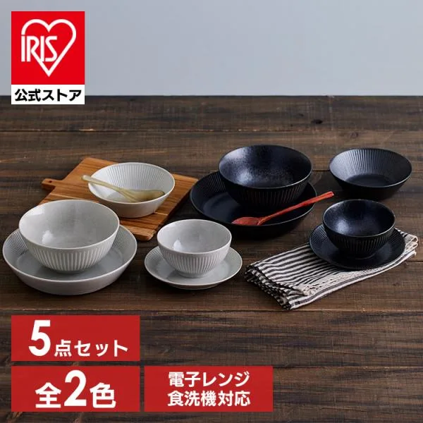 食器 5点セット MNW-5S アイリスオーヤマ 美濃焼 磁器 皿 小鉢 茶碗 丼ぶり プレート ボウル 洋食 和食 新生活 電子レンジ対応 食洗機対応