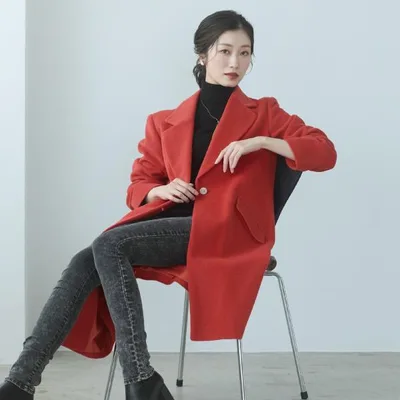 【10%クーポン】チェスターコート アンゴラ ウール混 レディース ロング コート 秋 冬 ウール ロングコート 軽量 シンプル レッド (08000337r)