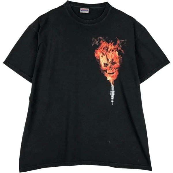 古着 00年代 ヘインズ HEAVYWEIGHT ドクロ柄 ファイヤーパターン NGK SPARK PLUG アドバタイジングTシャツ メンズXL相当 /eaa622582