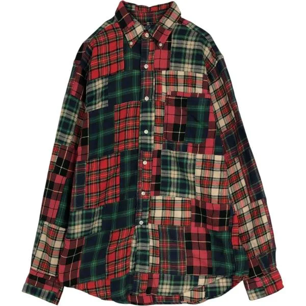 古着 ラルフローレン POLO by Ralph Lauren CUSTOM FIT パッチワーク 長袖 ボタンダウン ライトネルチェックシャツ メンズM相当 /eaa677138