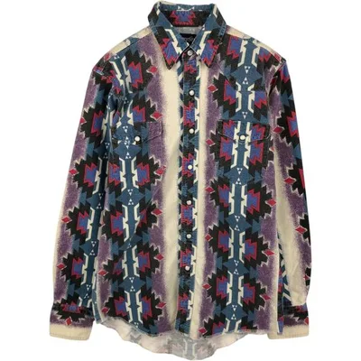 古着 ラングラー Wrangler 総柄 ネイティブ柄 長袖 ウエスタンネルチェックシャツ メンズM相当 /eaa682232