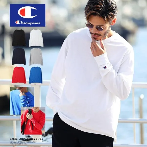 champion チャンピオン ロンT Tシャツ メンズ カットソー 長袖Tシャツ 無地 ブランドロゴ刺繍 ビッグシルエット ゆったり 秋服