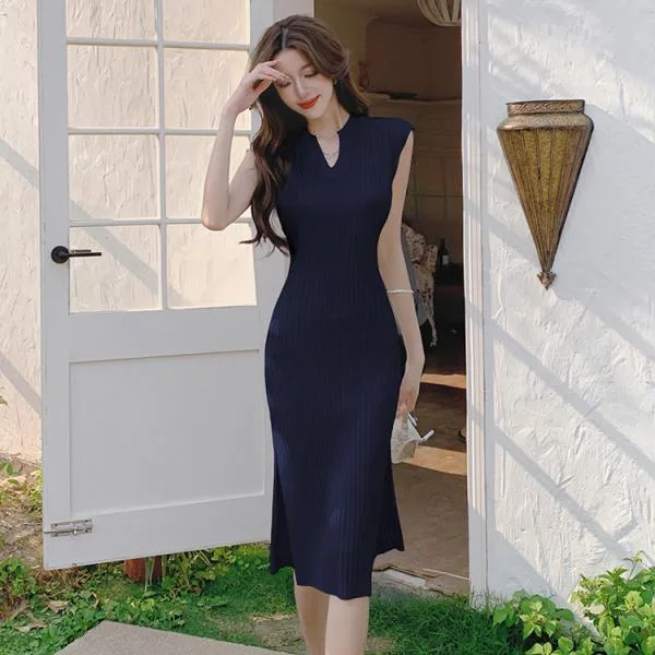 JSfashionワンピース タイト ワイドリブ 全3色 キーネック ノースリーブ リブニット サイドスリット ミディアム丈 膝丈 オフィスカジュアル