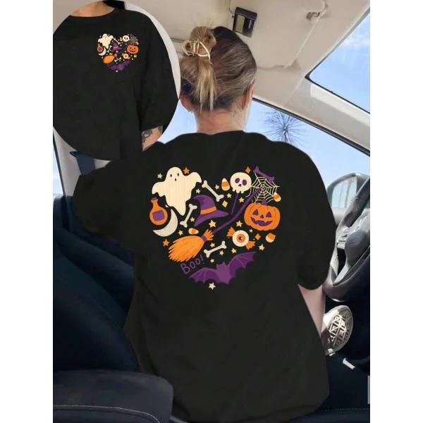 レディースTシャツ 半袖 ラウンドネック ハロウィン 両面 プリント コットン カジュアル 洗濯機OK ギフト