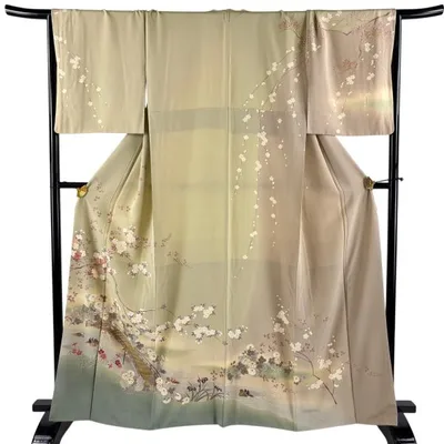 訪問着 身丈164cm 裄丈69.5cm L 袷 橋 桜 金彩 刺繍 薄茶色 正絹 名品 中古