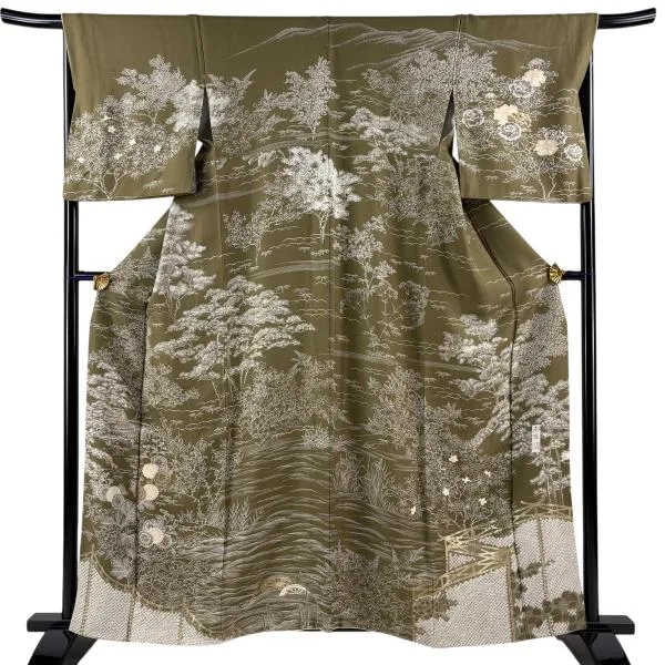 訪問着 身丈161cm 裄丈67cm M 袷 落款あり 松竹梅 家屋 金彩 絞り 茶緑色 正絹 秀品 中古
