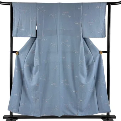 小紋 身丈155cm 裄丈62.5cm S 袷 雪芝 宝尽くし 青灰色 正絹 秀品 中古 在庫一掃
