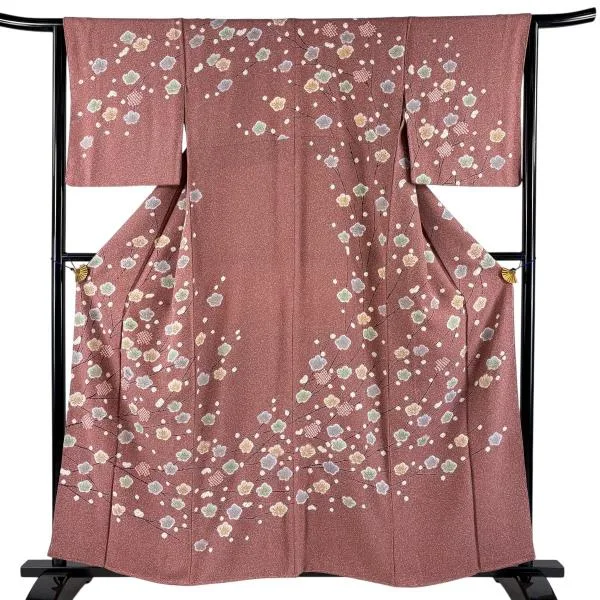 訪問着 身丈158cm 裄丈63.5cm S 袷 枝梅 金彩 絞り 小豆色 正絹 秀品 中古 在庫一掃