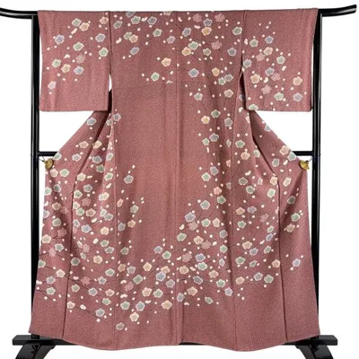 訪問着 身丈158cm 裄丈63.5cm S 袷 枝梅 金彩 絞り 小豆色 正絹 秀品 中古 在庫一掃