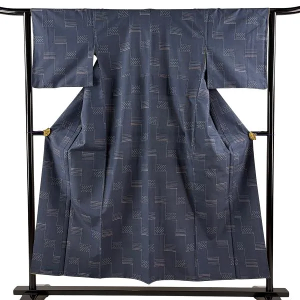 美品 紬 身丈152.5cm 裄丈63cm S 袷 絣 藍色 正絹 秀品 中古 在庫一掃