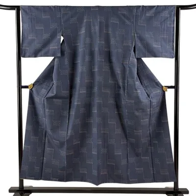 美品 紬 身丈152.5cm 裄丈63cm S 袷 絣 藍色 正絹 秀品 中古 在庫一掃