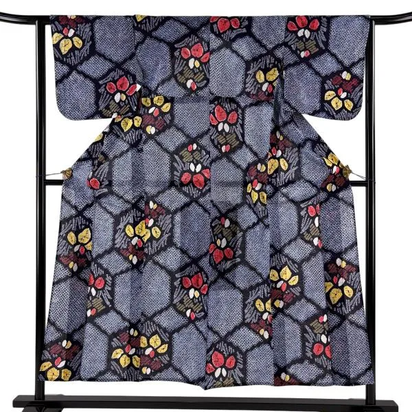 美品 浴衣 身丈151cm 裄丈63.5cm S 絞り浴衣 草花 紺色 綿 名品 中古