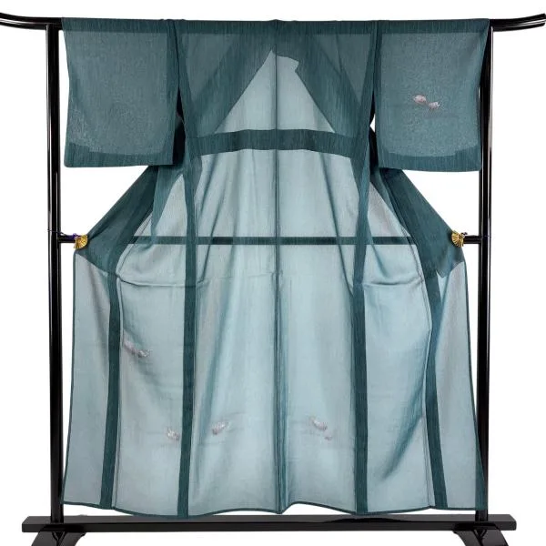 美品 付下げ 身丈154cm 裄丈63cm S 薄物 茄子 緑 正絹 名品 中古
