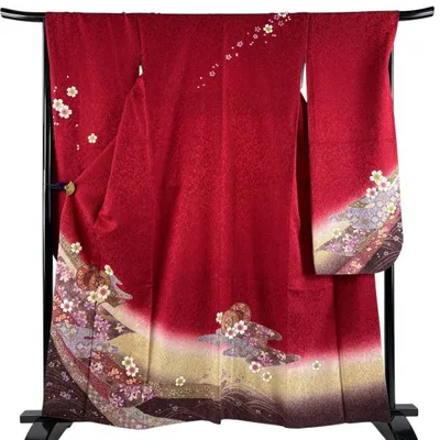 美品 振袖 身丈160.5cm 裄丈66.5cm M 袷 鼓 桜 金通し 金彩 赤 正絹 名品 中古 在庫一掃