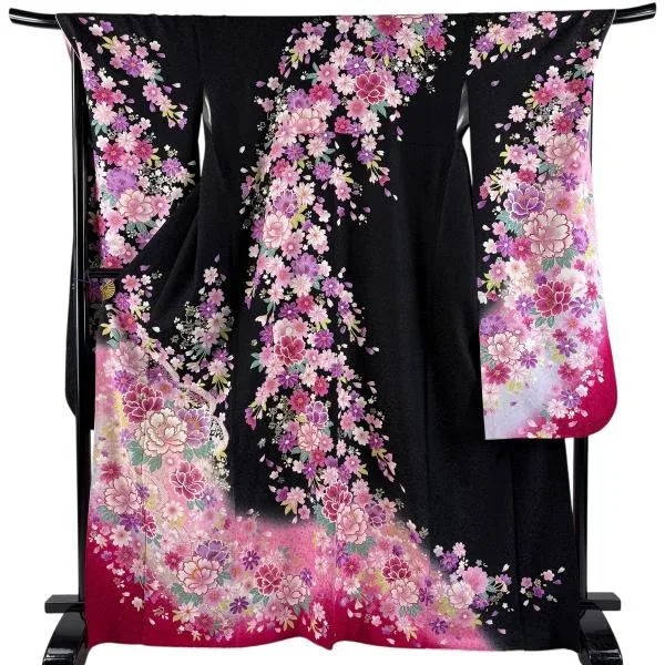 美品 振袖 身丈169cm 裄丈71cm L 袷 牡丹 桜 銀通し 箔 黒 正絹 逸品 中古 在庫一掃