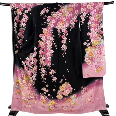 美品 振袖 身丈168.5cm 裄丈68cm L 袷 枝垂れ桜 草花 銀通し 箔 黒 正絹 逸品 中古 在庫一掃
