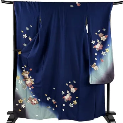 振袖 身丈165cm 裄丈67.5cm L 袷 扇 梅 箔 金彩 紺色 正絹 秀品 中古