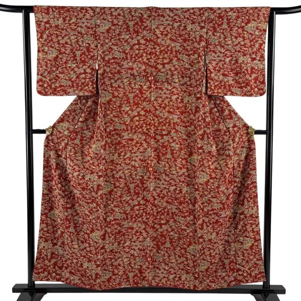美品 小紋 身丈155.5cm 裄丈62cm S 袷 松竹梅 蝶 縮緬 赤 正絹 優品 中古