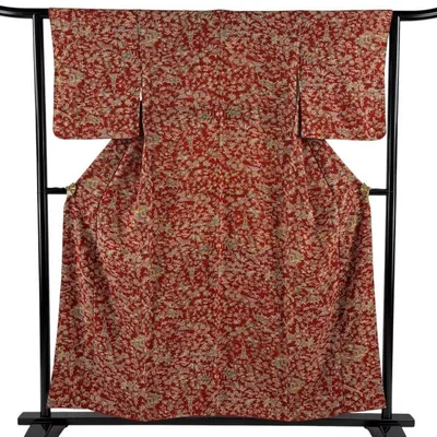 美品 小紋 身丈155.5cm 裄丈62cm S 袷 松竹梅 蝶 縮緬 赤 正絹 優品 中古