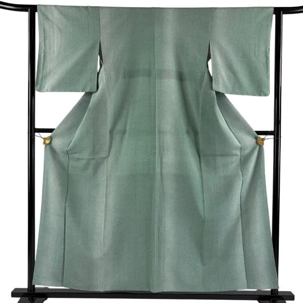 美品 お召 身丈156cm 裄丈62cm S 袷 本塩沢 証紙あり 幾何学 ぼかし 灰緑 正絹 逸品 中古 在庫一掃