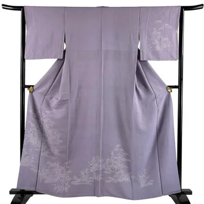 付下げ 身丈161cm 裄丈63cm S 袷 落款あり 松竹梅 鮫 紫 正絹 秀品 中古